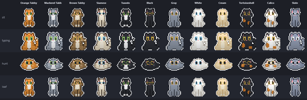 pixelcat - every pose (sit, typing, hunt, loaf) across all 12 coats